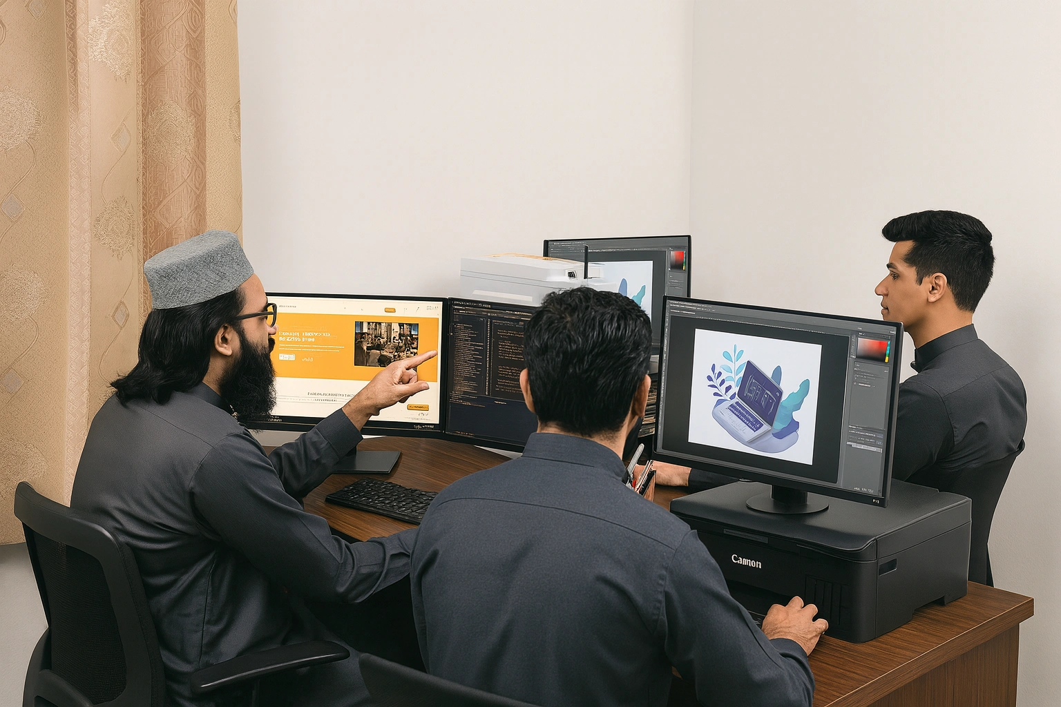 Product team collaborating around laptops